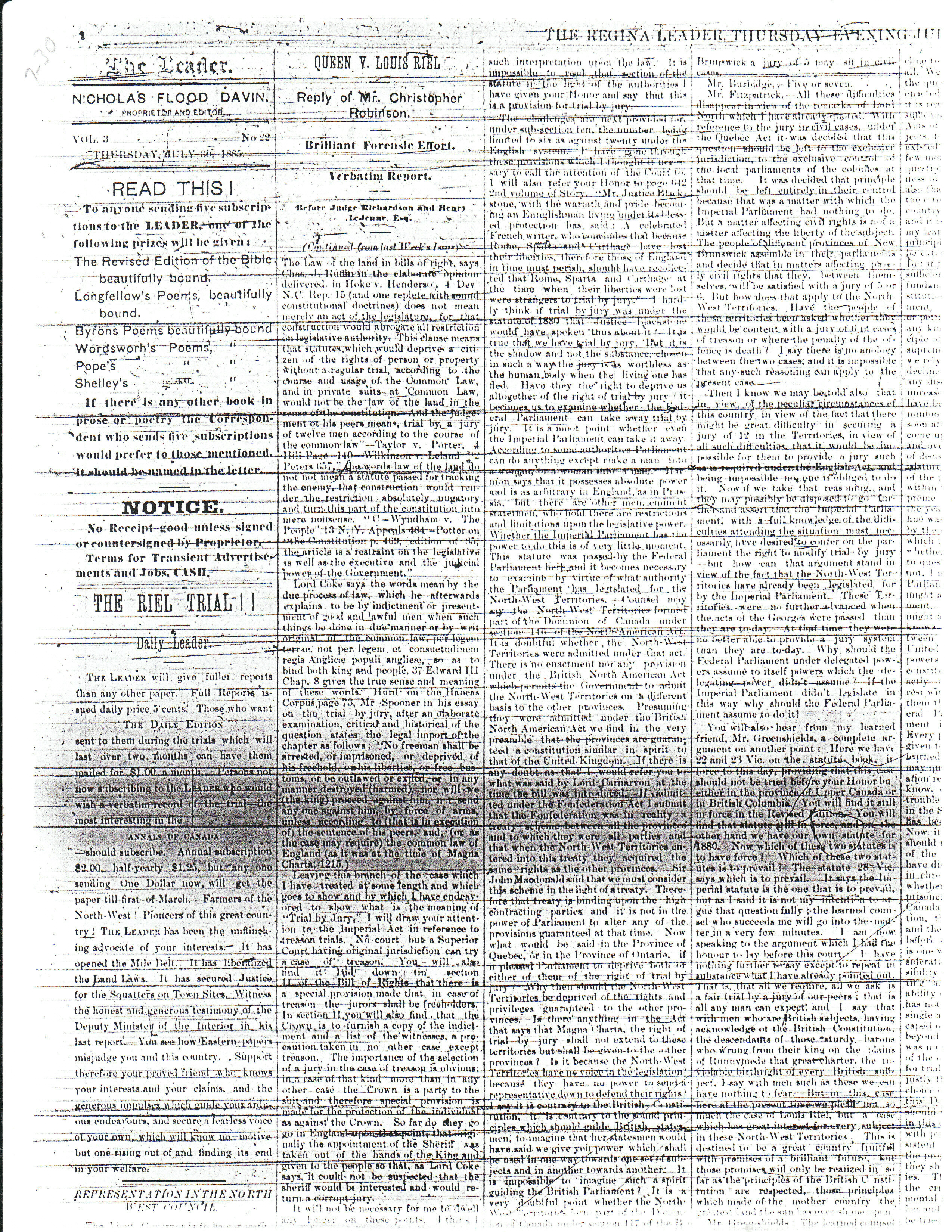 July 30th 1885 Queen vs Riel a